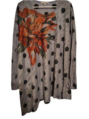 Jess & Jane 3X Tunic Top Blue Gray Polka Dot Red Flower Lagenlook Asymmetrical